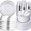 BESTVIP 700PCS Silver Plastic Dinnerware Set for 100 Guests, Disposable Plates for Party, Include: 200 Plastic Plates, 100 Pre Rolled Napkins with Silver Silverware, 100 Cups for Christmas, Halloween