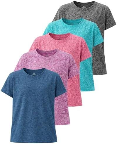 Real Essentials 5 Pack: Girls' Short Sleeve Dry-Fit Athletic T-Shirt - Active Gym Crew Neck Tops for Teens Kids (Ages 4-16)