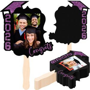 24 Pcs Custom Graduation Cutout Face Fans with Handle Double Sided Grad Party Supplies Class of 2026 Grad Photo Props Blank DIY Photo Frame for Graduation Party Souvenirs(Purple)