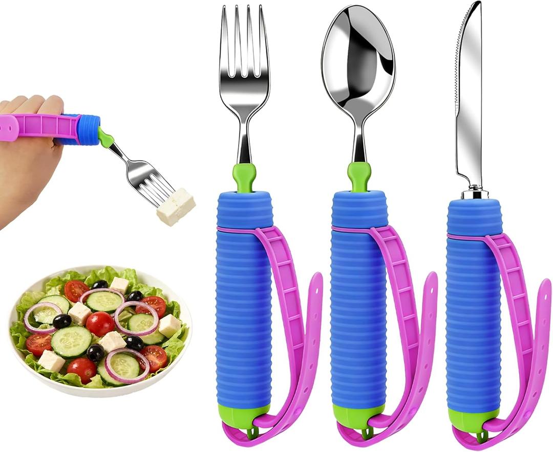 3 Pcs Adaptive Utensils for Disability, 360Gadgets Swivel Fork Spoon with Adjustable Silicone Strap for Weak Hand Grip & Handicapped & Parkinsons Travel Eating Utensils for Disabled, Elderly