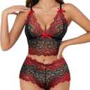 Lilosy Sexy Lace Pajamas Lingerie Set High Waist Sheer Sleepwear Bow Ties Cami Shorts Bra and Panty (Large, Floral Black Red)