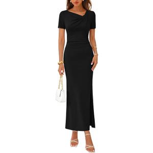 MEROKEETY Women's Summer Wedding Guest Dress Formal Short Sleeve Ruched Side Slit Bodycon Cocktail Party Long Dresses (Large, Black)