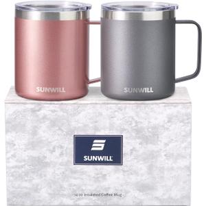 SUNWILL Travel Coffee Mug with Lid, Insulated Tumbler with Handle, 14 oz Stainless Steel Cup Set of 2 for Camping, Outdoor, Cool Grey & Rose Gold 2 Pack
