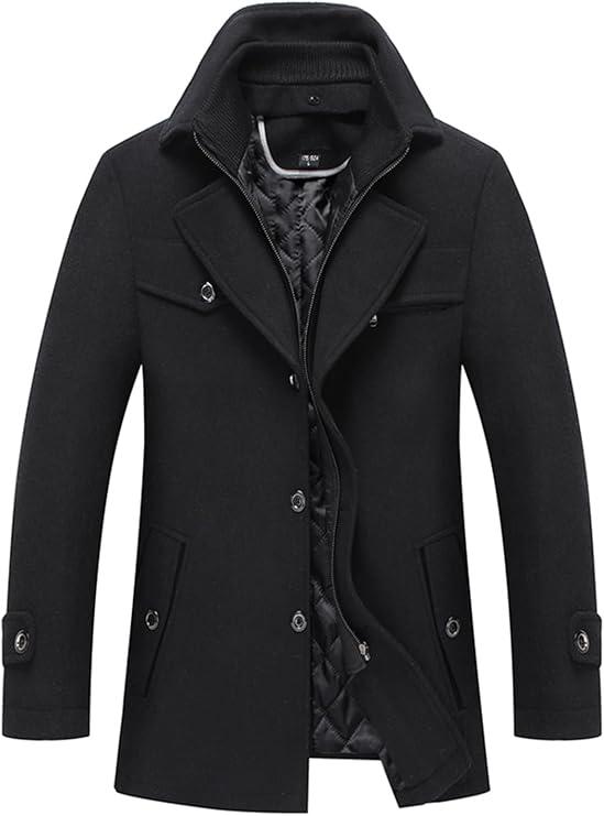 INVACHI Men's Wool Blend Coat Warm Winter Trench Coat with Detachable Soft Scarf Single Breasted Pea Coat L 02 Black