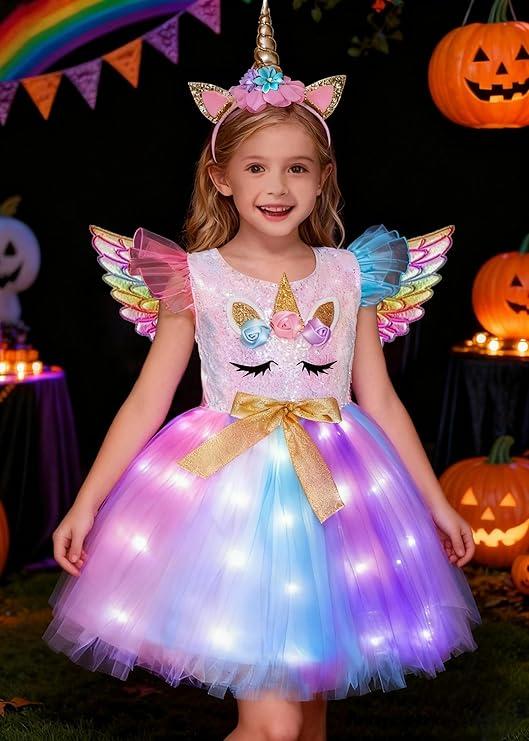 LED Light Unicorn Costume for Girl Birthday Decorations Halloween Christmas Party Outfit Princess Tutu Dress, Size 3-4T
