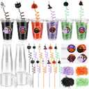 100 Pcs Halloween Party Favors Gift Cups Filler for Student, Trick or Treat Plastic Cups with Lid Silly Straw and Raffia for Classroom Gift Halloween Party Goodie Bag Decoration(Classic,Black)