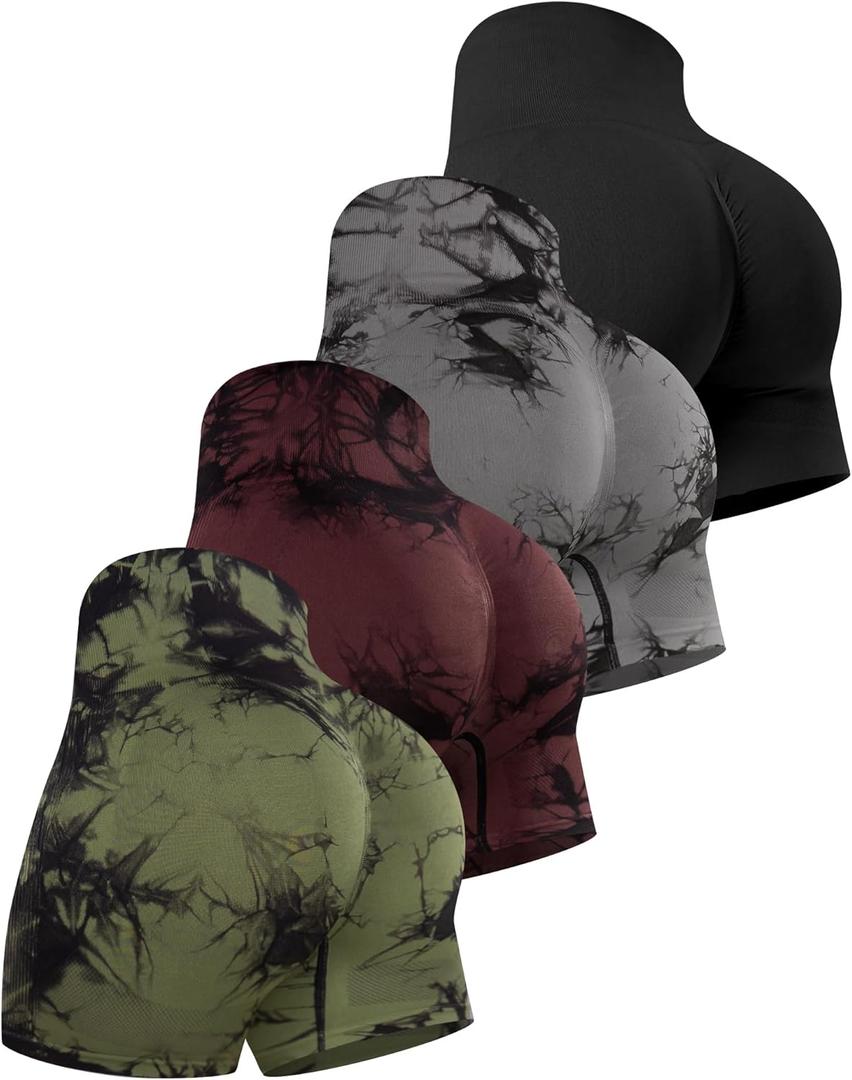 CHRLEISURE Women's 4 Packs Workout Gym Shorts, High Waisted Butt Lifting Scrunch Butt Seamless Booty Shorts (Large, 4 Packs (Black, Tie-dye Black/Army Green/Cassis))