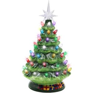 Blissun 10" Ceramic Christmas Tree, Tabletop Christmas Tree Lights Decorations with 54 Multicolored Lights and 7 Point Star Topper for Christmas Table Decorations