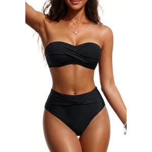 Tempt Me Women Bandeau Bikini Set Twist Strapless Two Piece Swimsuit High Cut High Waisted Bathing Suits (Black, L)
