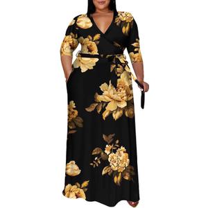 FANDEE Plus Size Maxi Dress Casual 3/4 Sleeve V-Neck Floral Flowy Long Dress with Belt (XX-Large Plus, 01-black/Gold Flower)