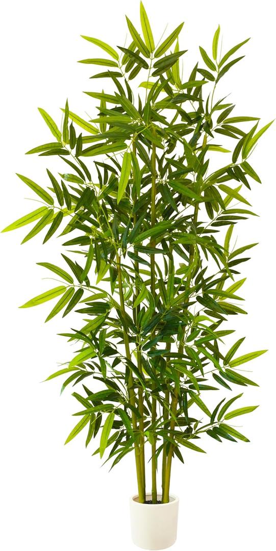 Warmplants Artificial Bamboo Tree, 6ft Tall Fake Bamboo Plant with White Planter, Faux Trees with 5 Trunks and Lifelike Leaves for Indoor Outdoor Home Office Decor
