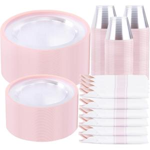 I00000 210 Pcs Clear Pink Plates for 30 Guests, Pink Dinnerware Include 60 Plates, 30 Cups, 30 Pre Rolled Napkins with Cutlery Set for Party and Wedding