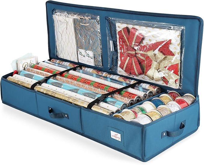 Hearth & Harbor Wrapping Paper Storage Container  Christmas Storage Bag with Interior Pockets  Gift Wrap Organizer Fits Up to 22 Rolls of 40"  Tear Proof, Blue