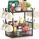 EsLuker.ly Coffee Mug Cup Holder Stand Bar Station Organizer for Countertop, Multi-Functional 2 Tier Mug Tree Rack for Kitchen, Storage Shelf with 12 Hooks, Brown-Black(Patented Design)