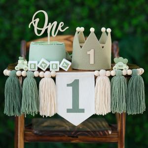 Wild One High Chair Banner For 1st Birthday Party Boy Decorations With Green Tassel Garland Crown Hat Cake Topper