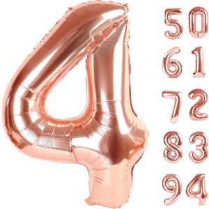 Rose Gold 4 Balloon, Number Balloons 40 Inch, 4th Birthday Decorations for Girls Boys, Four Large Numbers for Party Decor, Number 4 Balloon