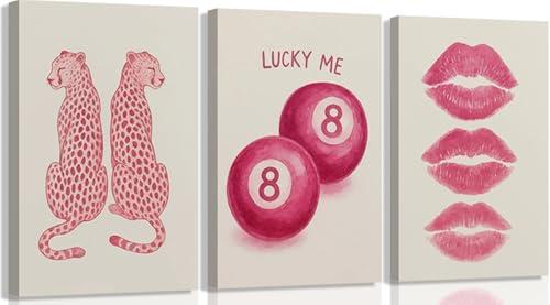 3Pcs Pink Leopard Canvas Wall Art Trend Cheetah Wall Decor Painting Pink Coquettish Cherry Lips Prints Lucky 8 Ball Y2k Aesthetic Picture for Girls Bedroom Dorm Room Decoration 16x24in Framed