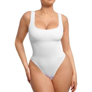 FeelinGirl Tummy Control Bodysuit Square Neck Thong Bodysuits Seamless Backless Ribbed Going Out Tank Tops (Medium-Large, White)