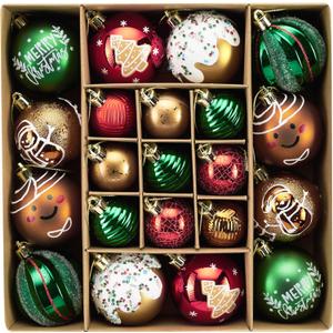 DecorbyHannah Gingerbread Christmas Ornaments Set, 21ct Red Green Gold Ornaments for Christmas Tree, Shatterproof Plastic Decorative Hanging Ball Bulk Decorations for Xmas Holiday Indoor Party Decor