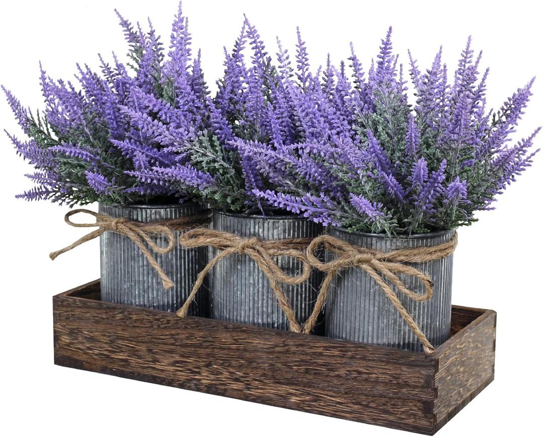 Set of 3 Small Potted Plants Arrangement Artificial Lavender Flower Plants in Rustic Galvanized Metal Pots with Decorative Wood Tray for Farmhouse Table Centerpiece Windowsill Country Indoor Decor