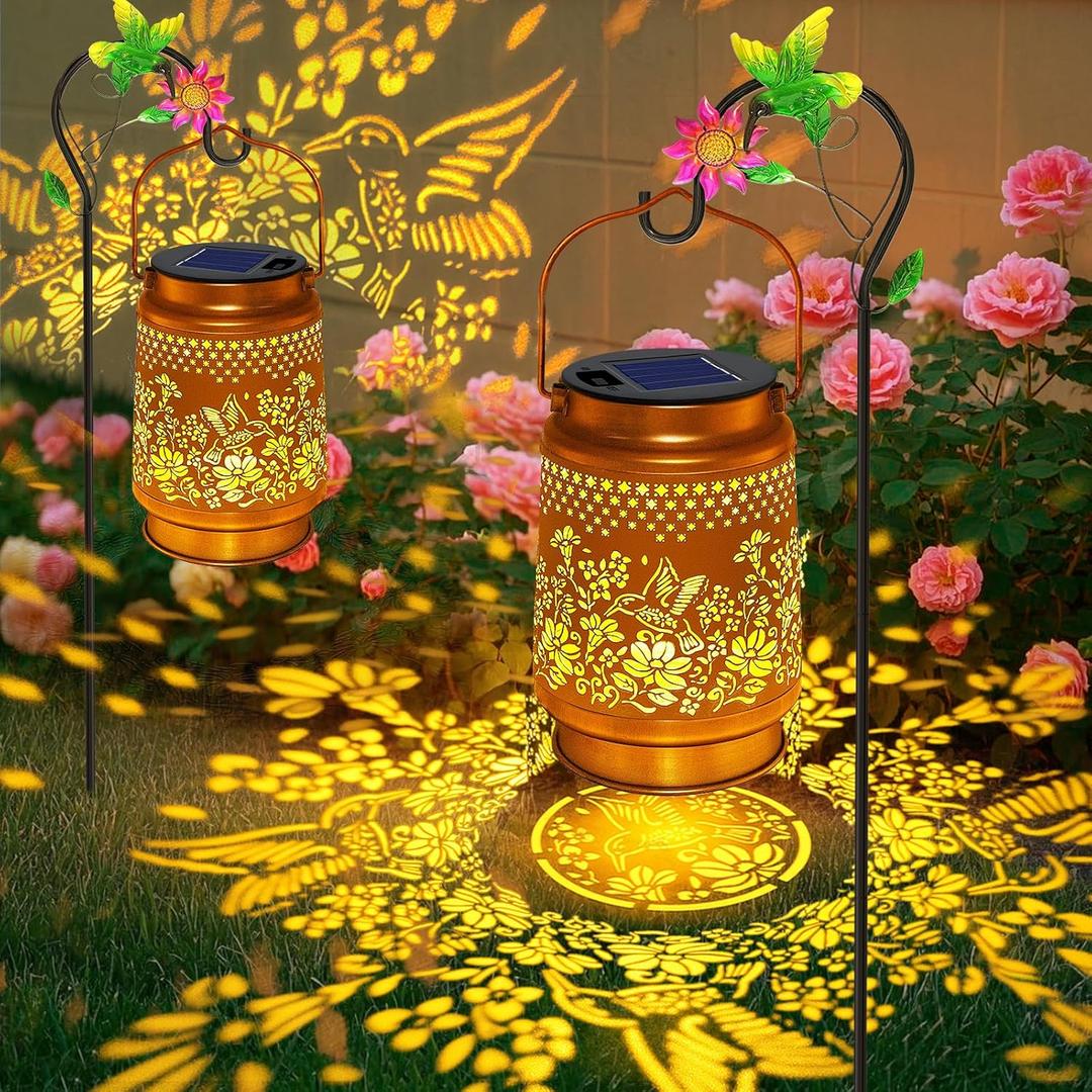 2 Pack Solar Lanterns Outdoor Hummingbird Garden Decor, Gifts for Mom Women Grandma Birthday, Waterproof Metal Hanging Solar Lights with Shepherd Hook LED Decorative Outside for Yard Patio Lawn Porch