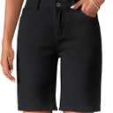 luvamia Bermuda Jean Shorts for Women High Waisted Trendy Stretchy Denim Shorts Knee Length Cutoff Loose Fit Long Shorts (Medium, True Black)