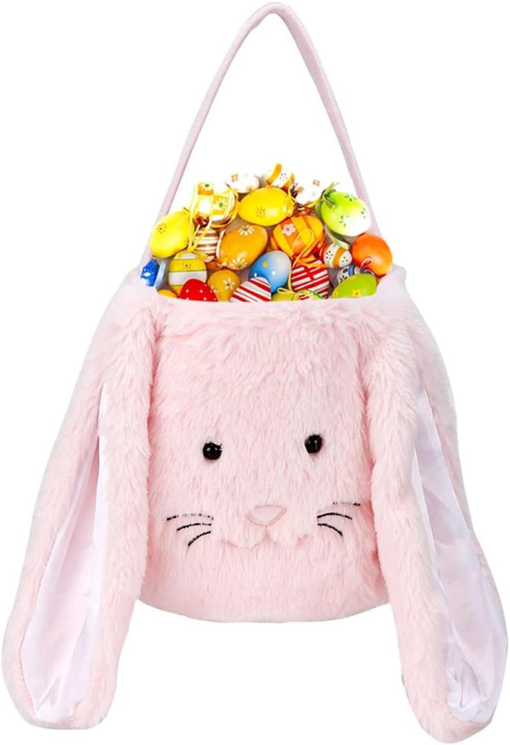 XinblueCo Plush Easter Bunny Basket for Kids Boys Girls Easter Buckets with Long Plush Ear Personalized Egg Hunting Bags,Bunny Kids Easter Tote Bags for Easter Decorations Candy (Pink)