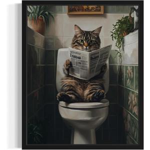 Cat on Toilet Wall Art Print Poster, Dog Bathroom Humor Decor Posters Prints for Restroom Home Picture Painting Artwork Gallery 7 (Cat, 8 x 10 inches, Unframed)