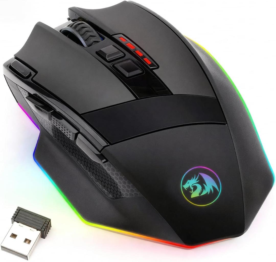 Redragon M801 Wireless Gaming Mouse, RGB Gaming Mouse with MMO 9 Programmable Macro Editing Buttons, UP 16000 Adjustable DPI, Rapid Fire Button for Game, Windows, PC - Wireless, Black