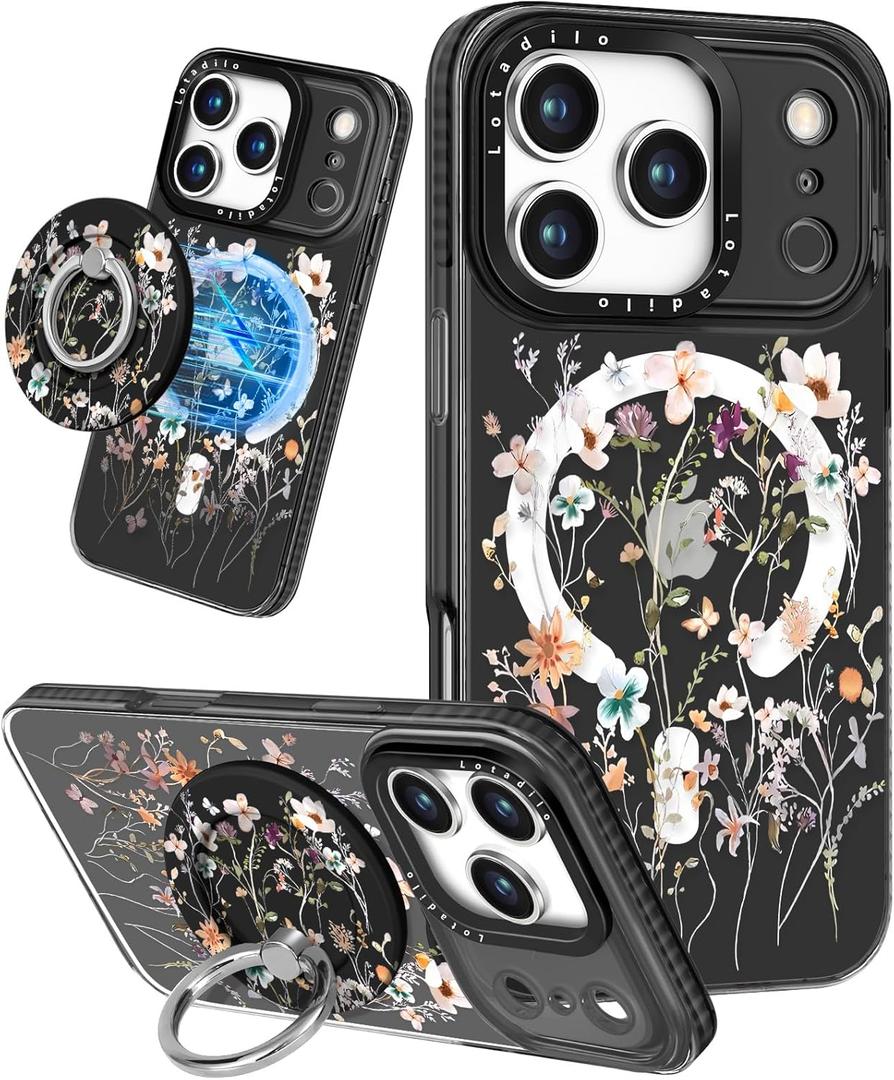Lotadilo Case for iPhone 17 Pro Max Case Compatible with Magsafe Ring Holder Stand - for Women Dried Flower Design TPU Phone Cover for Girls Girly Funny Fashion