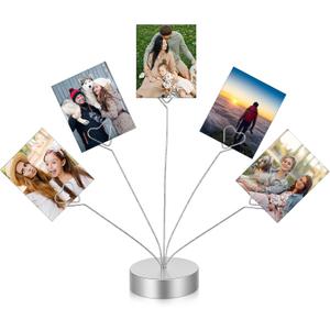 Heart-Shaped Photo Tree Holder Clip, 5-Branch Metal Desktop Gift Card Tree Stand, Silver Picture Holders for Tables, Photo Card Holder for Wedding Christmas Birthday Party Decor