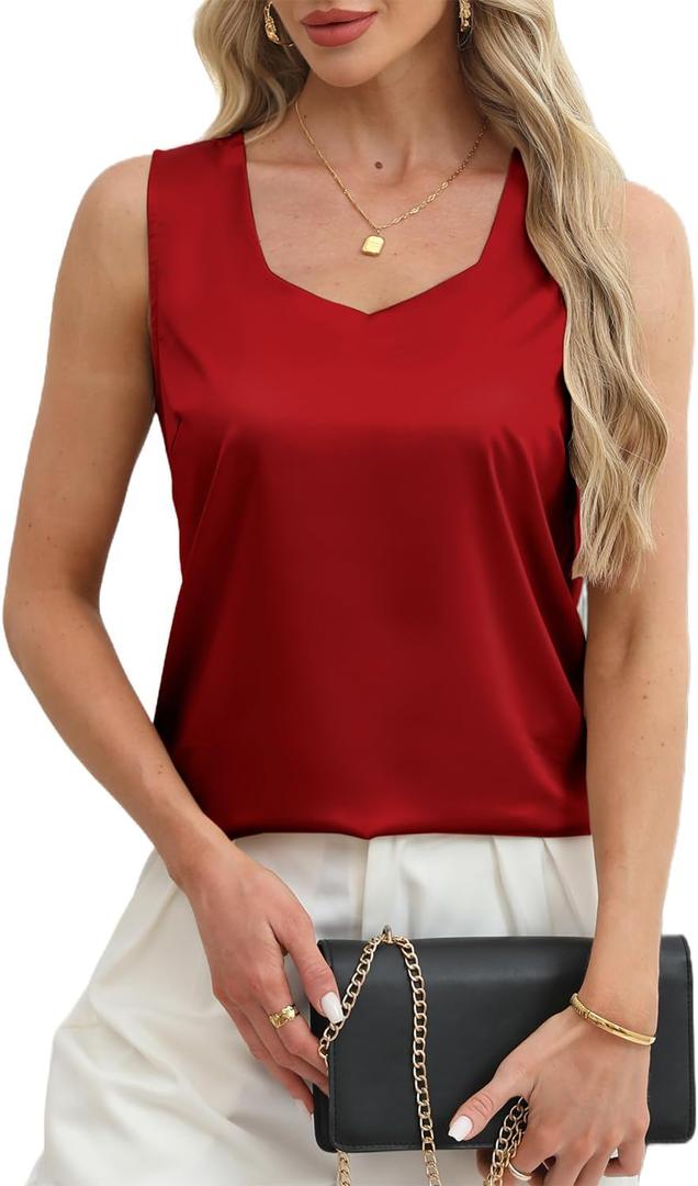 CAPE CLIQUE Silk Satin Tank Tops for Women V Neck Sleeveless Camisole 2025 Summer Basic Blouses Work Outfits Shirts (Red, M)