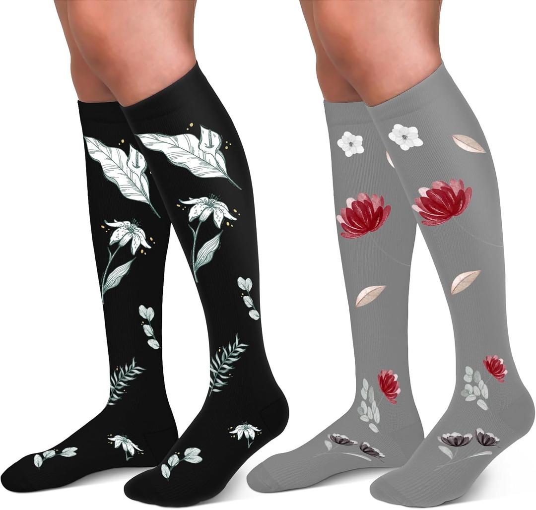 30-40mmHg Medical Graduated Compression Socks for Women&Men Circulation-Compression Stockings-Knee High Socks for Support,Hiking,Running (Large-X-Large, 7-2 Pack Flowers Black,grey)