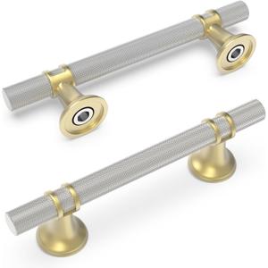 10 Pack 3-3/4 Inch Cabinet Pulls knurled Brushed Satin Nickel and Brushed Gold Kitchen Cabinet Handles Aluminum and Zinc Alloy Drawer Pulls Solid Cabinet Hardware