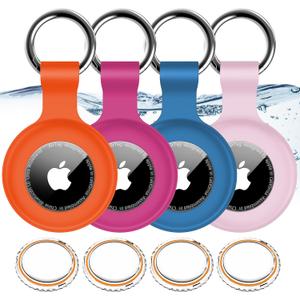 4 Pack,IPX8 Waterproof Airtag Holder for Apple Air Tags with Air Tag Keychain,Shockproof GPS Cover [Anti-Scratch] [PC+Silicone] Air-Tag Item Finders Case for Pets, Luggage-Blue/Pink/Orange/Rose Red