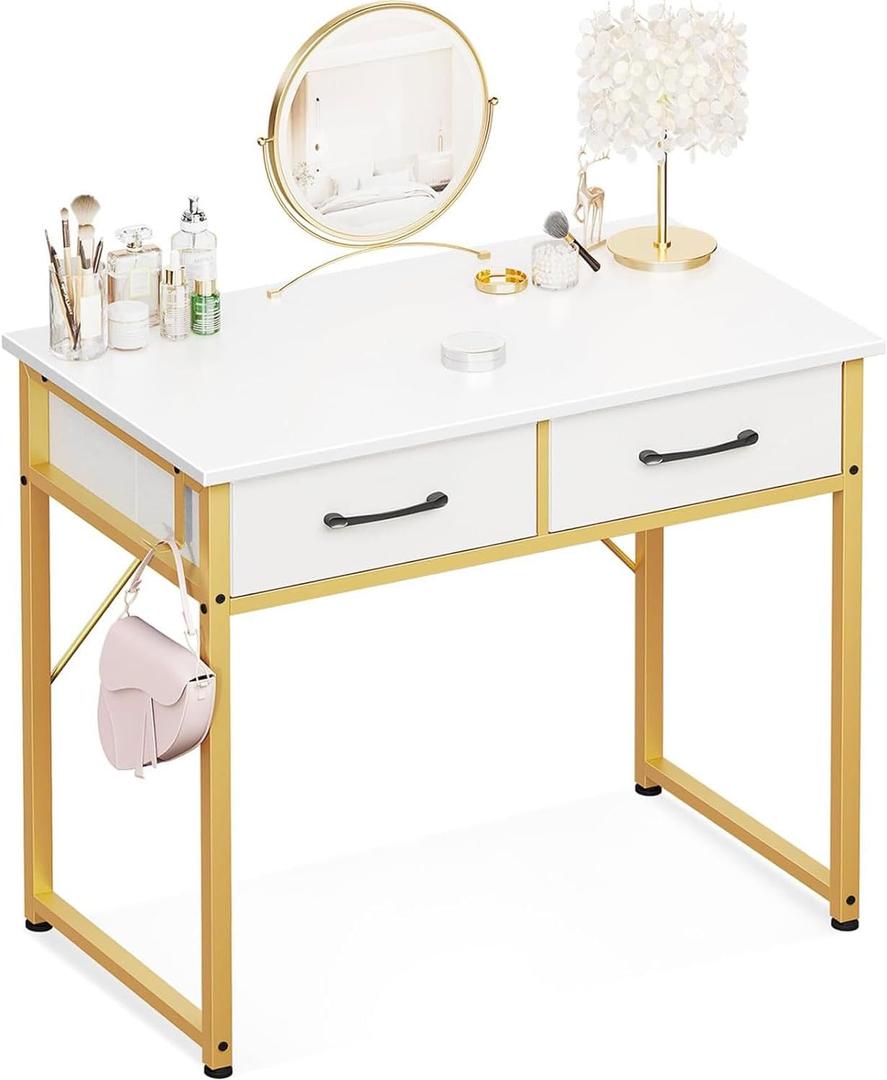 ODK Makeup Vanity Desk with 2 Fabirc Drawers, 32 Inch Small White Dressing Vanity Table with Versatile Hook for Bedroom Without Mirror, Desk Make Up for Girls, White and Gold (White + Gold Leg)