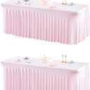 2 Packs Pink Table Clothes for 6 Foot Rectangle Tables, One-Piece Wrinkle Resistant Stretch Spandex Table Covers with Skirt for Event Banquet Wedding Birthday Party