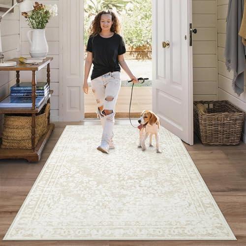 Area Rug 3x5 Entryway Rugs - Machine Washable Vintage Boho Area Rug Non-Slip Kitchen Rugs Soft Stain Resistant Indoor Door Mat, Small Floral Throw Rug for Entrance Hallway Bedroom(Cream Beige, 3'x5')