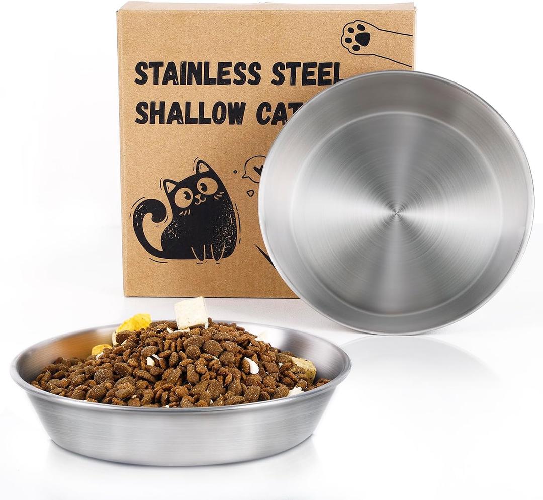 2-Pack Stainless Steel Cat Food Bowls, Shallow Whisker-Friendly Non-Slip Silicone Base Metal Dishes, Easy to Clean Indoor Water Flat Plates for Cat, Kitten, Small Dog (5.9")