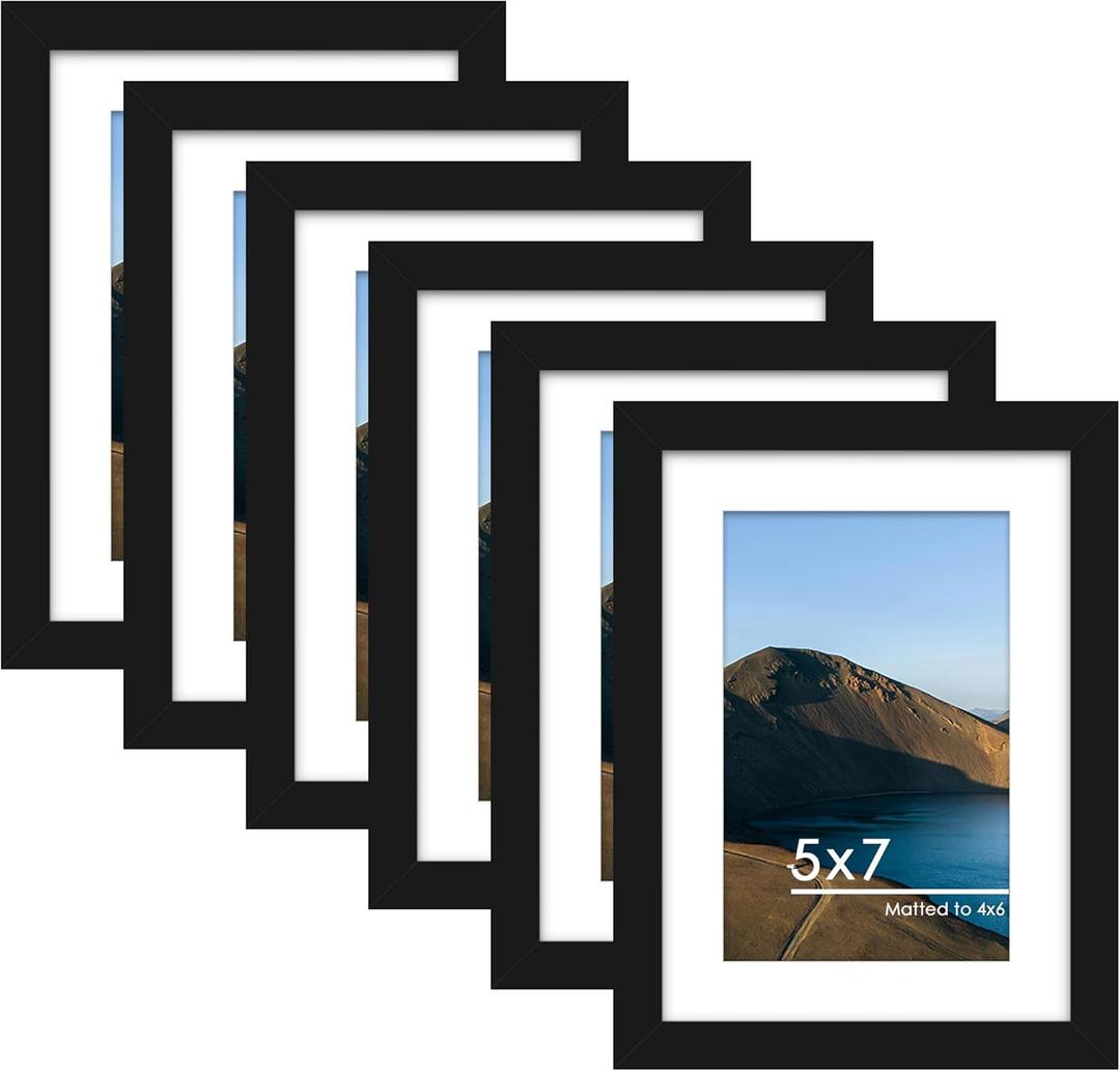 PEALSN 5x7 Picture Frame Set of 6, Display Pictures 4 x 6 with Mat or 5 x 7 without Mat for Wall Mounting or Table Top Display, Photo Frames Collage for Wall Decor, Black.