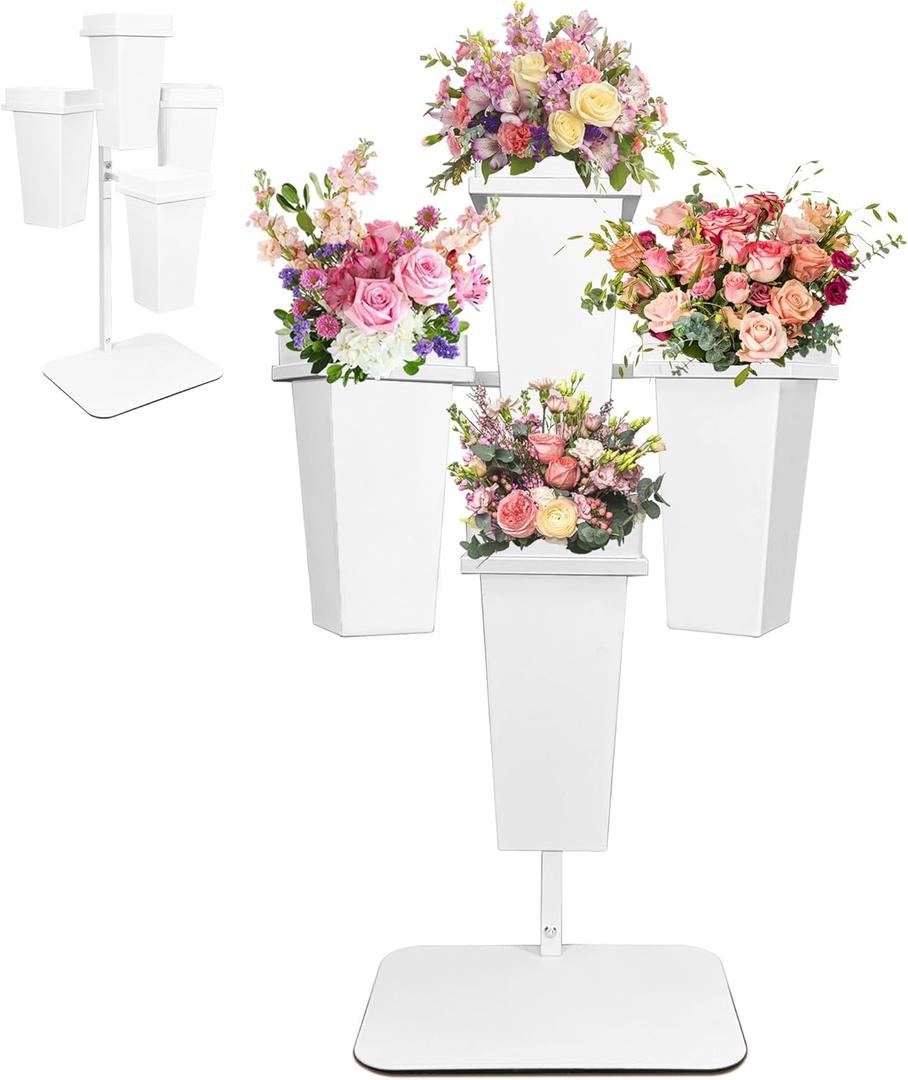 Flower Display Stand with Buckets, Flower Pot Stand, Flower Stand Metal, Florist Bouquet Shelf for Wedding, Party, Events, White
