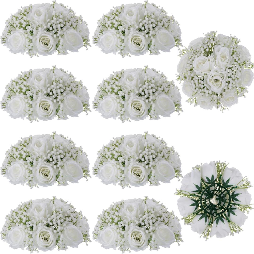 BLOSMON Fake Flowers Ball Wedding Centerpieces 10 Pcs White Rose Babys Breath Artificial Flowers Center Pieces Decoration for Table Silk Kissing Floral Bouquet Arrangements for Home Party DIY Decor