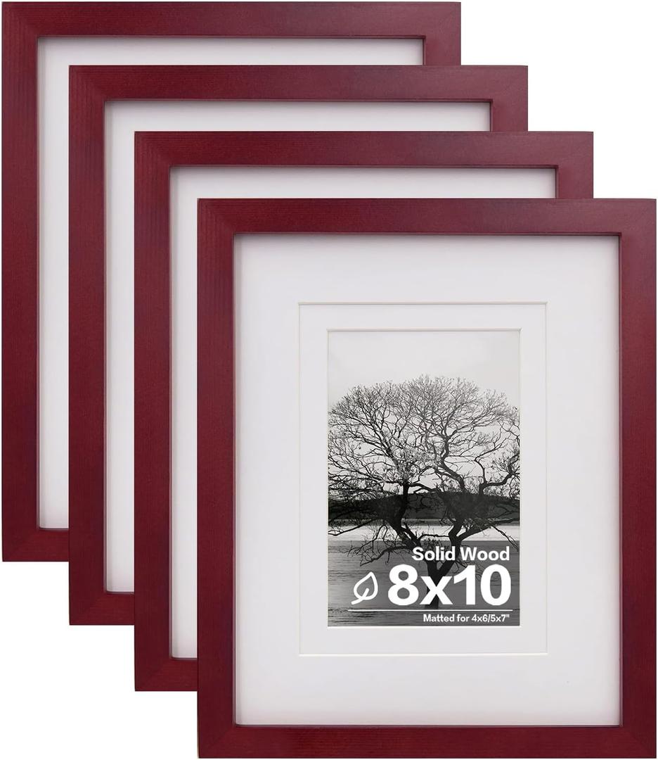 Egofine 8x10 Picture Frames 4 Pack - Wood Frames Covered by Plexiglass for Pictures 4x6 or 5x7 with Mat or 8x10 Without Mat, Photo Frames for Table Top and Wall Display, Cherry Red
