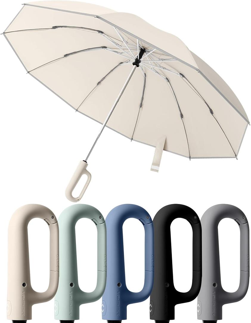 Travel Compact Inverted Umbrella with Ring Buckle, Portable Large Strong Windproof Reverse Reflective Umbrellas for Rain & Sun, Automatic Open and Close Umbrella for Women Men (Beige)