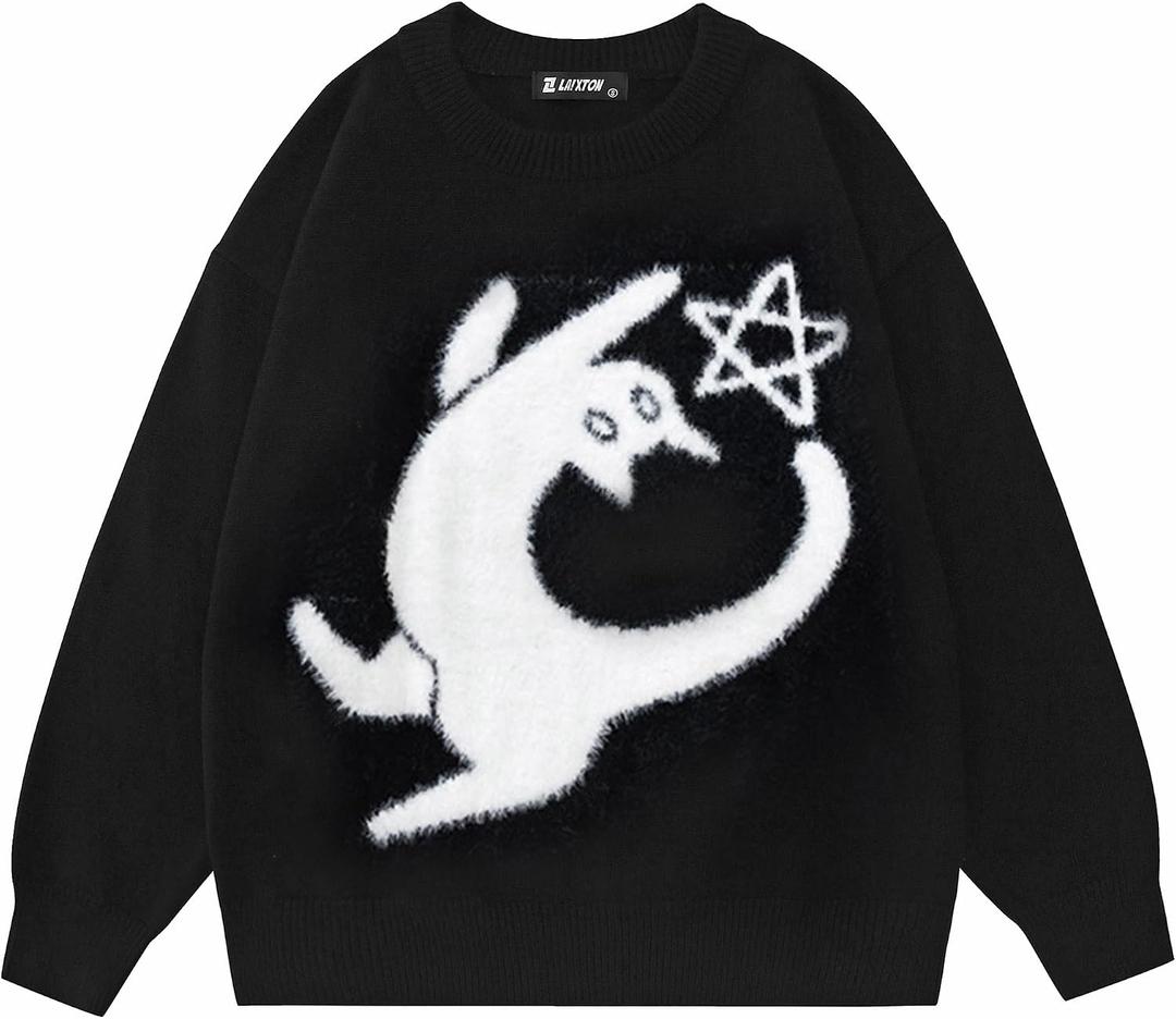 Laixton Mens Graphic Sweater Unisex Long Sleeve Knit Oversized Sweater Aesthetic Streetwear Casual Sweaters Tunic Tops (Black, L)