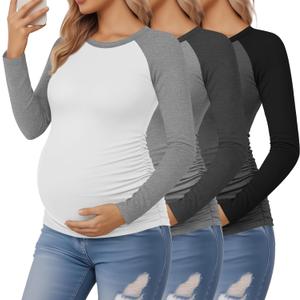 3 Pack Women's Maternity Shirts, Pregnancy Raglan Long Sleeve Tops Sides Ruched Crew Neck Color Block Mama Clothes (Large, Dark Gray/Black, Light Gray/Dark Gray, White/Light Gray)