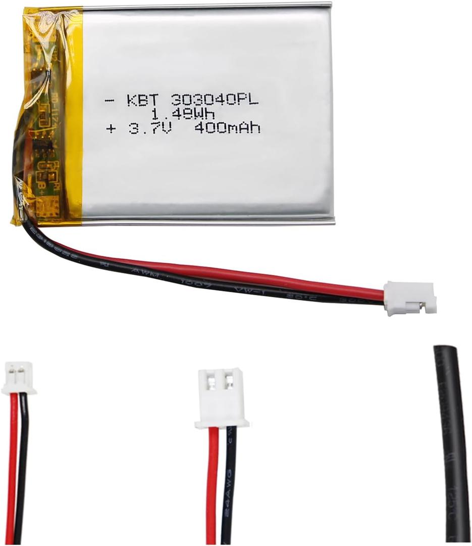 KBT 3.7V 400mAh Li-Polymer Battery: 303040 Rechargeable Lithium-ion Batteries Replacement with 2.0 JST Connector for Car Dash Video Recorder, Digital Camera, Electric Toys, Headlamp, GPS Devices
