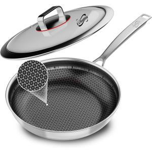 Non Stick Frying Pans Stainless Steel, 12 Inch with Lid, Induction Pan Compatible, Dishwasher Oven Safe, PFOA Free Cooking Pan for Home Chefs Everyday Cooking