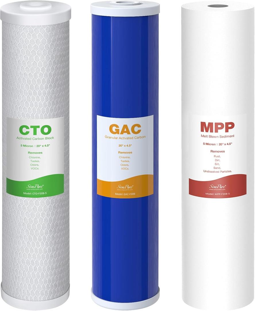 SimPure 3-Stage 20" x 4.5" Whole House Water Filter Cartridge Replacement, 5 Micron Sediment GAC CTO Carbon Filter for DB20P, DGD-5005-20, EP20-BB (3 Count (Pack of 1))