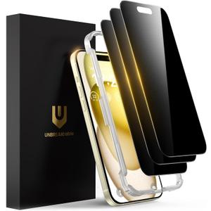 UNBREAKcable Privacy Screen Protector for iPhone 15 (6.1"), 25 Anti-Spy Tempered Glass, Easy Install Alignment Frame, Case-Friendly, 9H Hardness, Anti-Fingerprint, 3-Pack